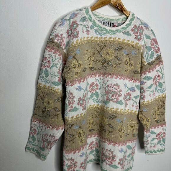 VINTAGE 90s Chunky Sweater Victorian floral Beige sparkly overesized thick Small - Picture 4 of 6